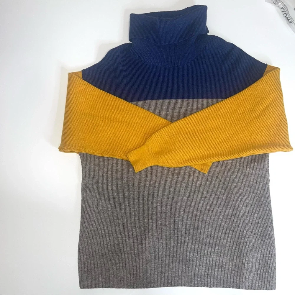 Free People Softly Structured Blue Gold Gray ColorBlock Turtleneck Sweater Sz XS